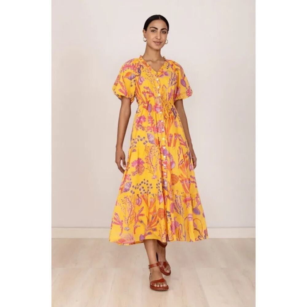 Banjanan POPPY Midi Dress Marine Golden Floral Puff Sleeves Cotton Boho S